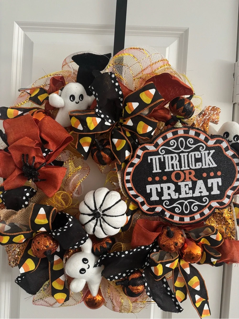 Handmade Halloween Trick or Treat Wreath Ghosts Orange Black White Final Sale